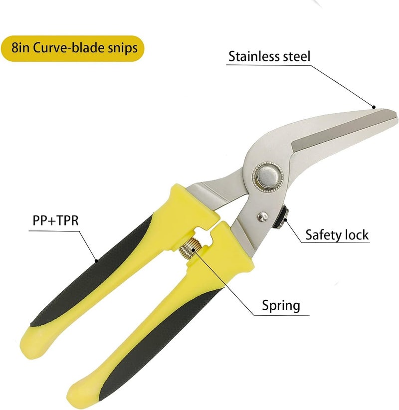 TOOLMAK Tin Snips 8 Inch Heavy Duty Scissors Metal shears with Stainless Steel Curve-Blade Comfort Grips, Multifunction Cutting of Branches, Thin Iron, Cardboads - Image 5